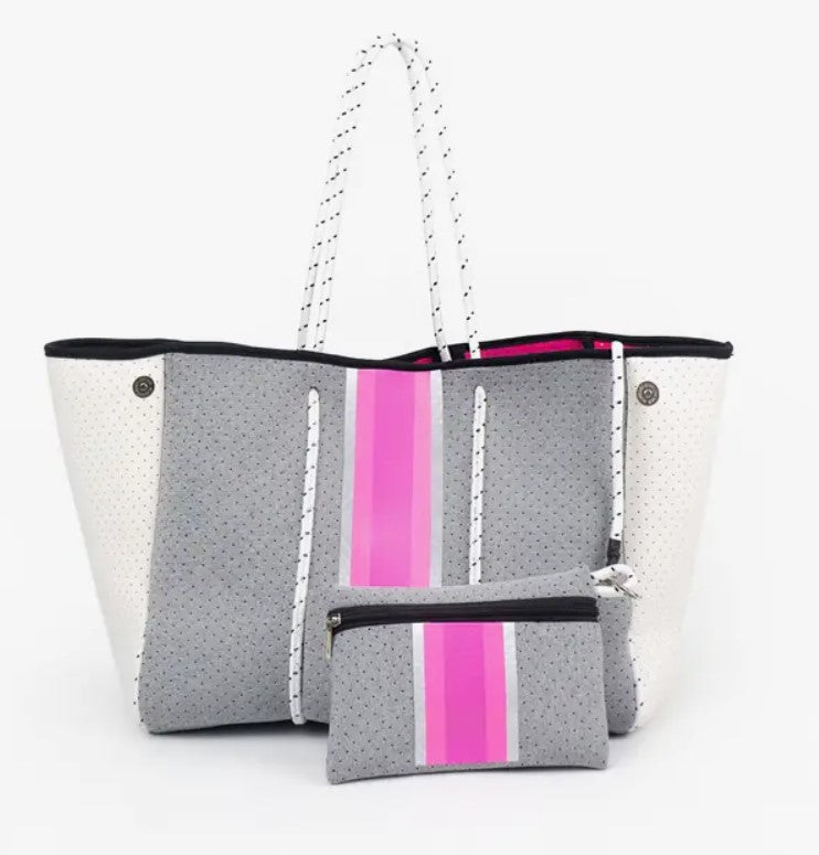 Babs + Birdie Aniella Gray Neoprene Tote with Pink Stripe