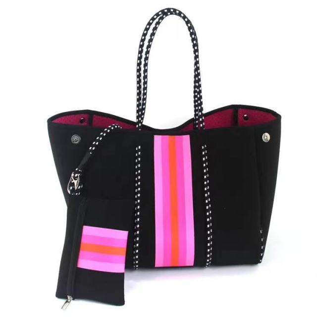 Black with Pink and Orange Stripe Large Neoprene Tote Bag