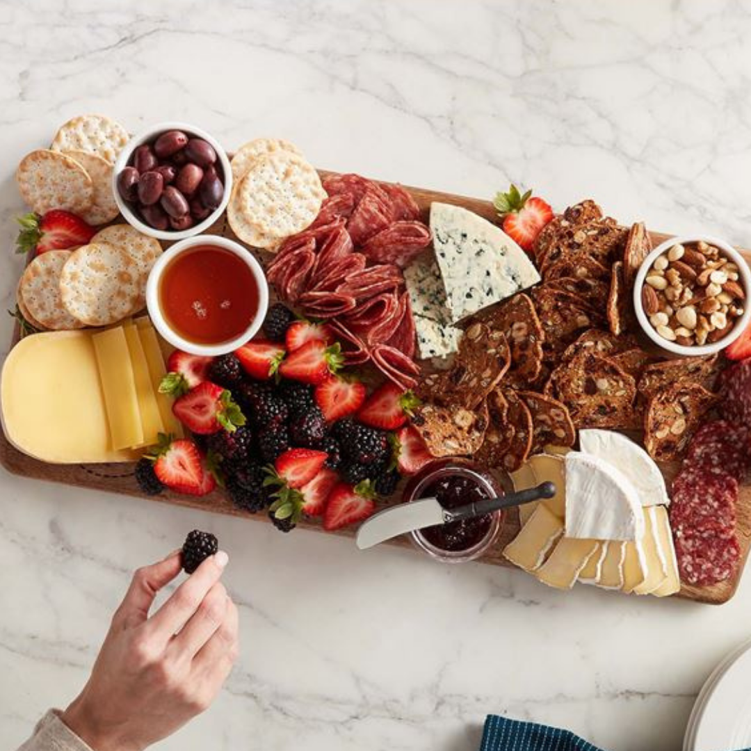Wood Charcuterie Board with food - Smockingbird's Unique Gifts